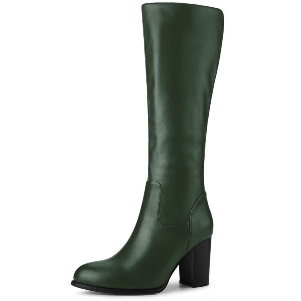 Women's Round Toe Stacked Block Heels Dark Green Knee High Boots